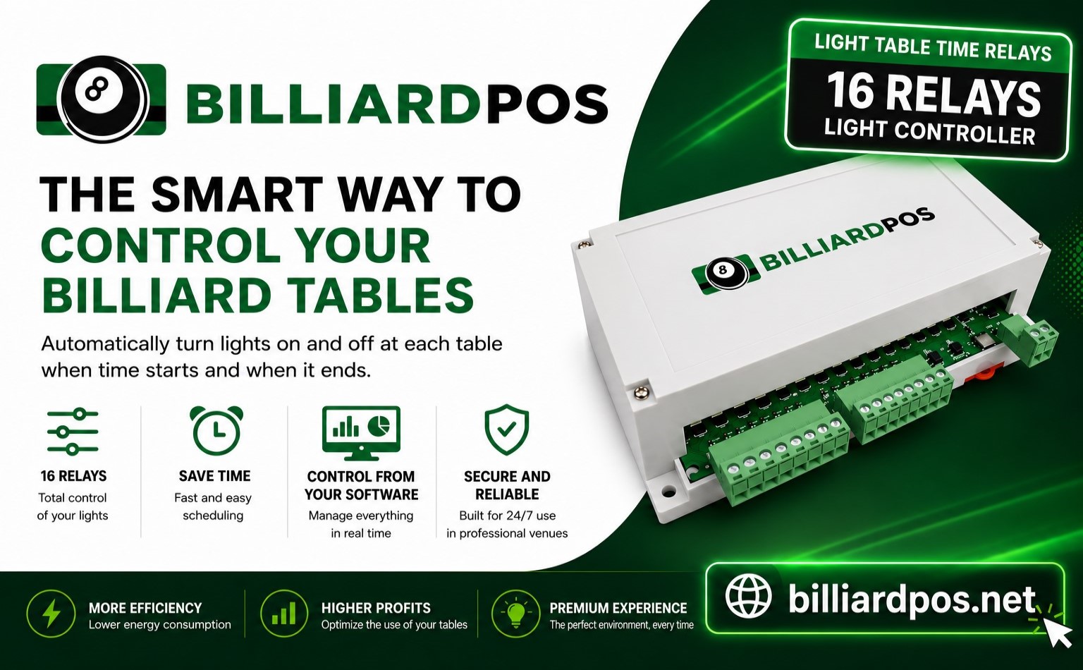 BilliardPOS 16-relay controller for billiard table lights control