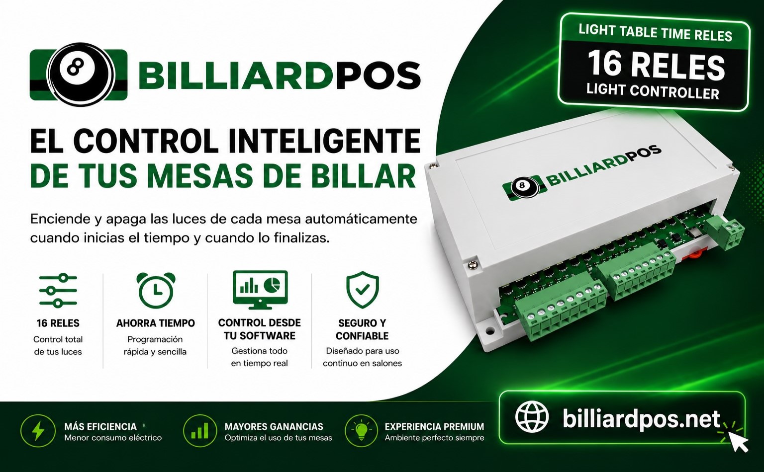 Controlador de 16 relés de BilliardPOS para el control de luces de mesas de billar