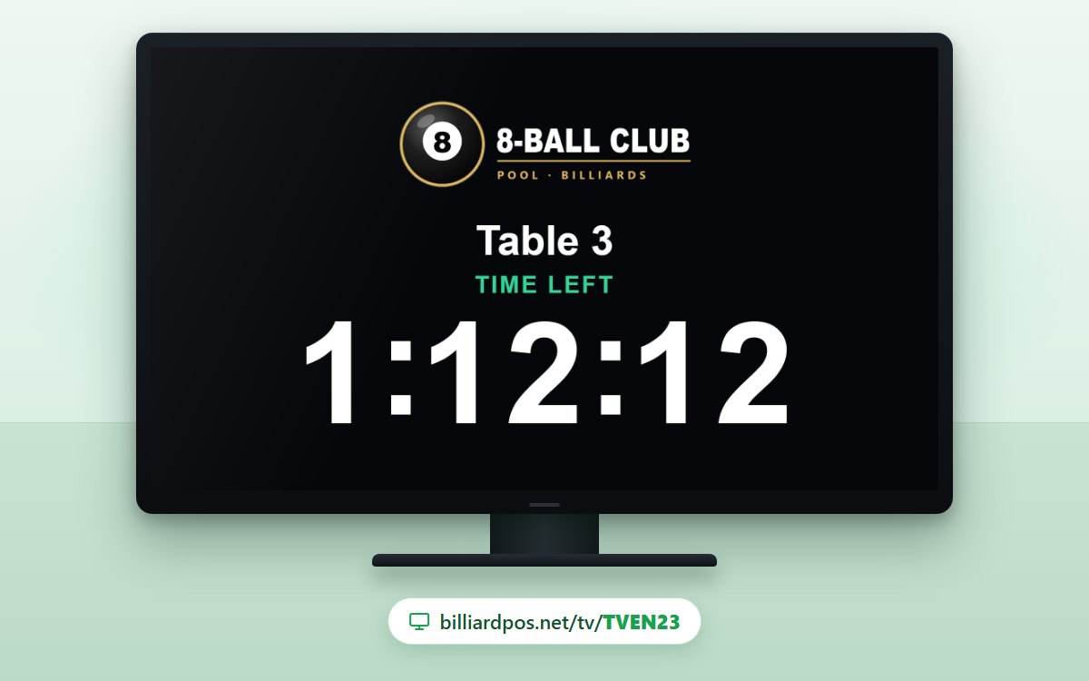 TV screen by a pool table showing the hall's logo, the table name and the time left in the game in BilliardPOS