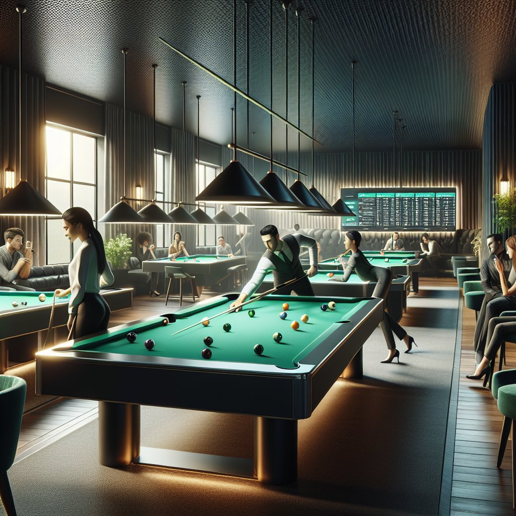 billiard club management system - Elevate Your Billiard Club with Management Tips | A modern billiard club interior, showcasing sleek pool tables with vibrant green