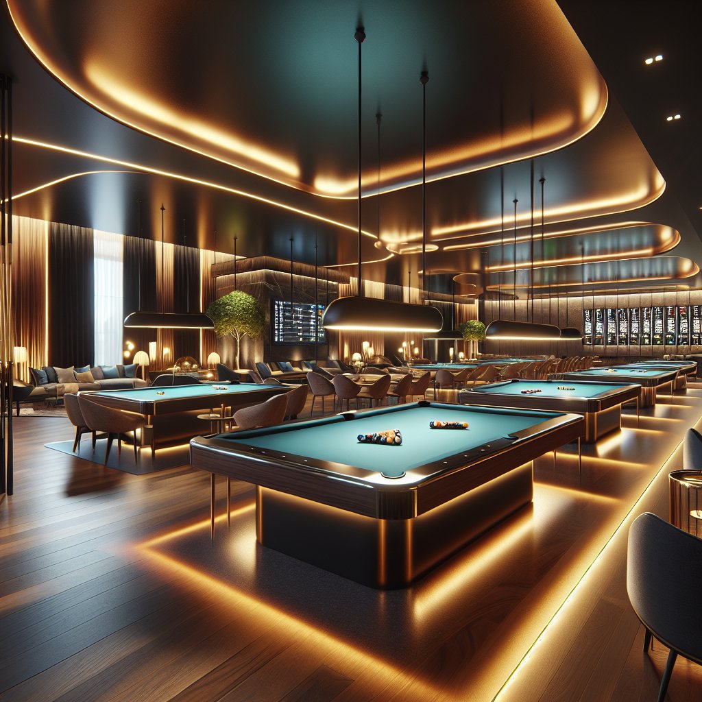 A modern, upscale billiard hall interior featuring pool tables with ambient LED lighting casting warm glows across