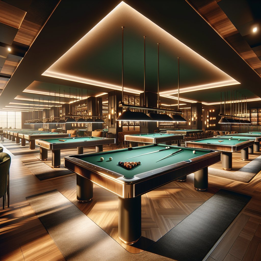 A modern, well-lit pool hall interior showcasing contemporary billiard tables with designs, featuring warm ambient