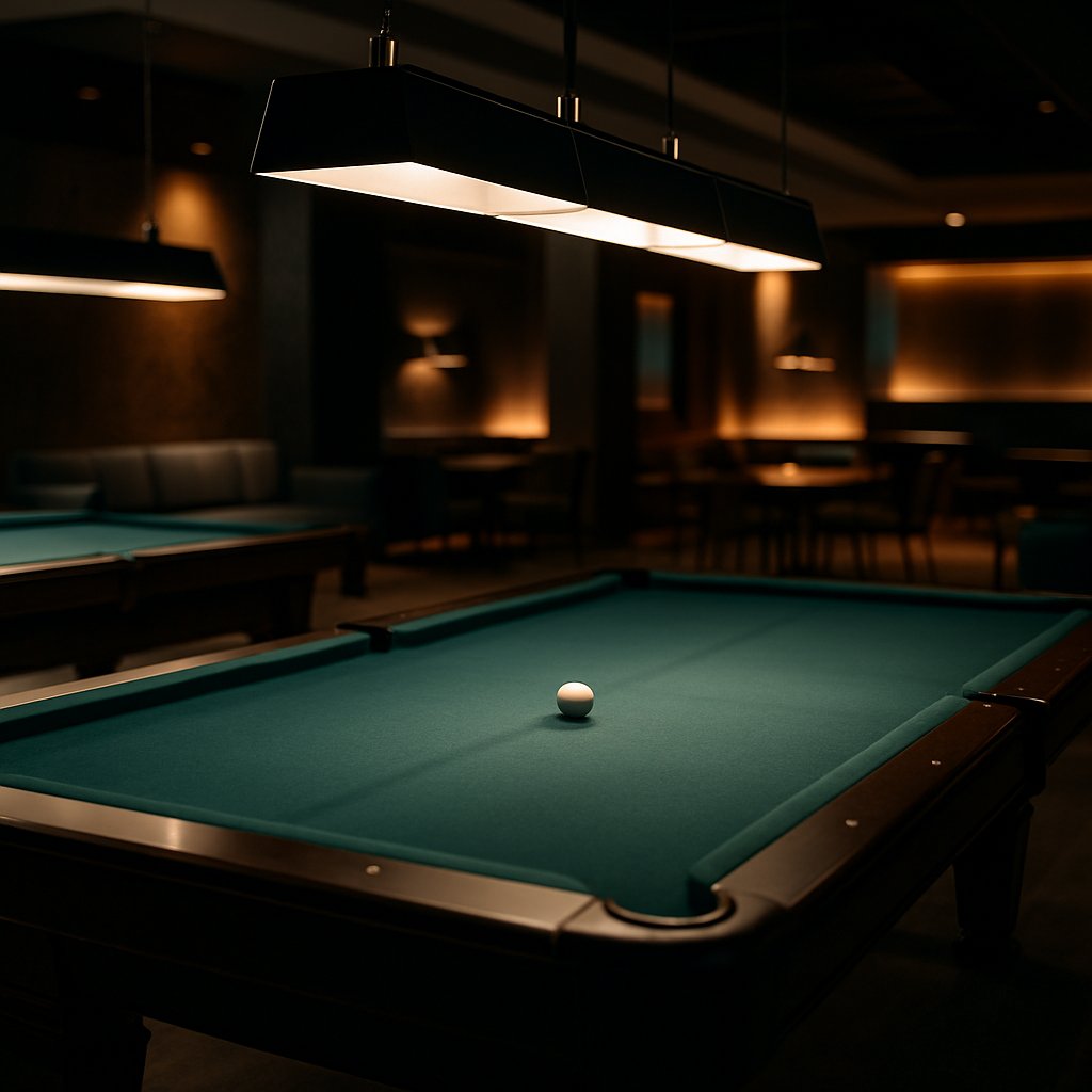 A modern, upscale pool hall interior shot featuring billiard tables with lighting casting dramatic shadows across felt
