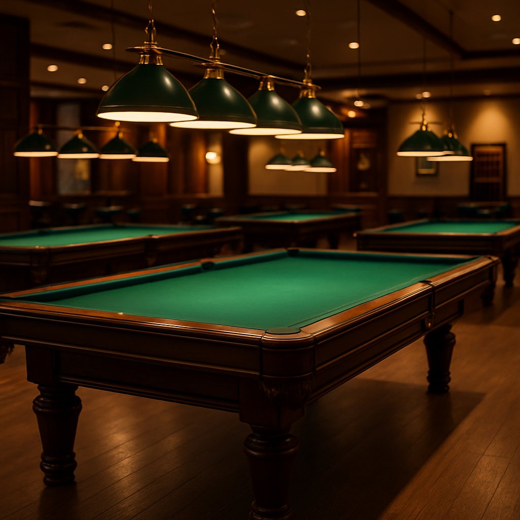 A modern, upscale pool hall interior featuring multiple billiard tables in sharp focus, with warm ambient lighting