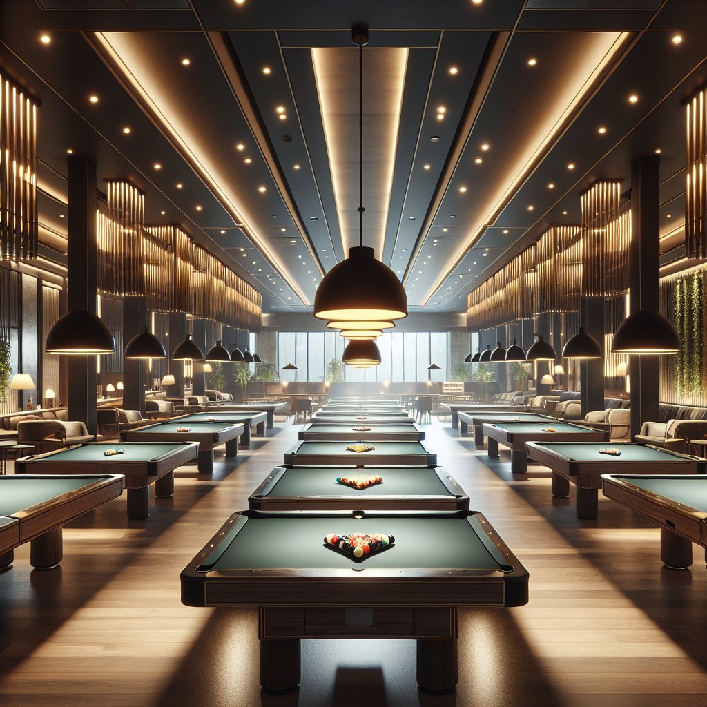 A modern, well-organized pool hall interior with multiple billiard tables arranged efficiently under warm, overhead