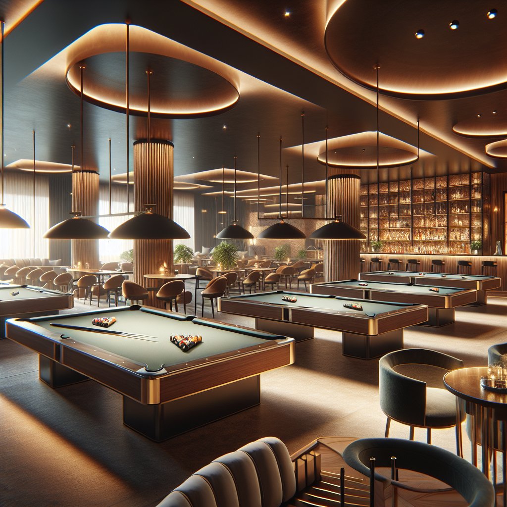 A modern, upscale billiard hall interior showcasing multiple pool tables with lighting overhead, featuring