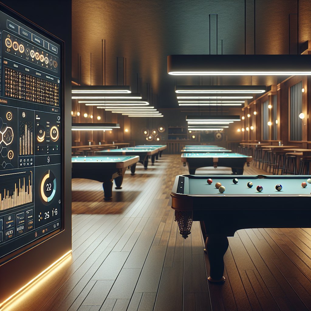 Pool hall interior bathed in warm ambient lighting, featuring digital displays and management software interfaces
