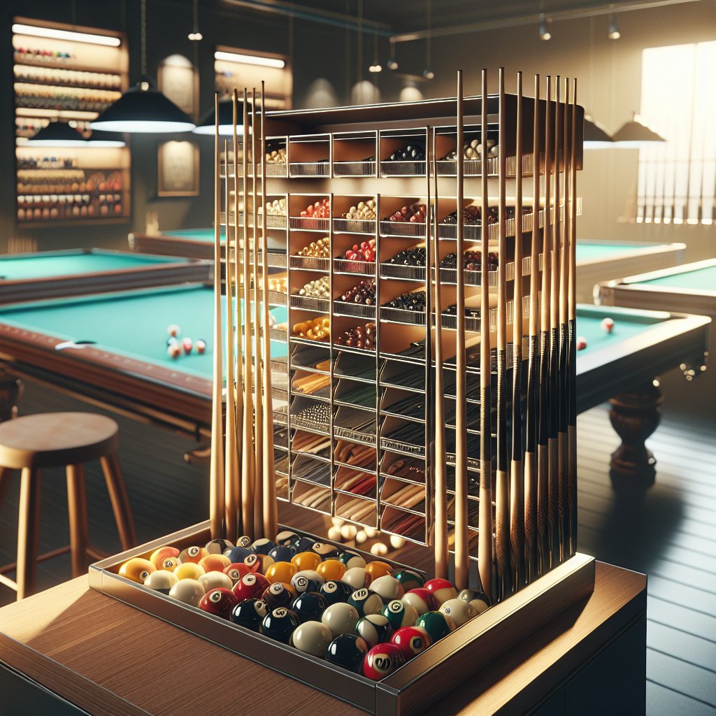 Photograph of pool hall interior with organized inventory shelves displaying cues, balls, and equipment in sharp focus
