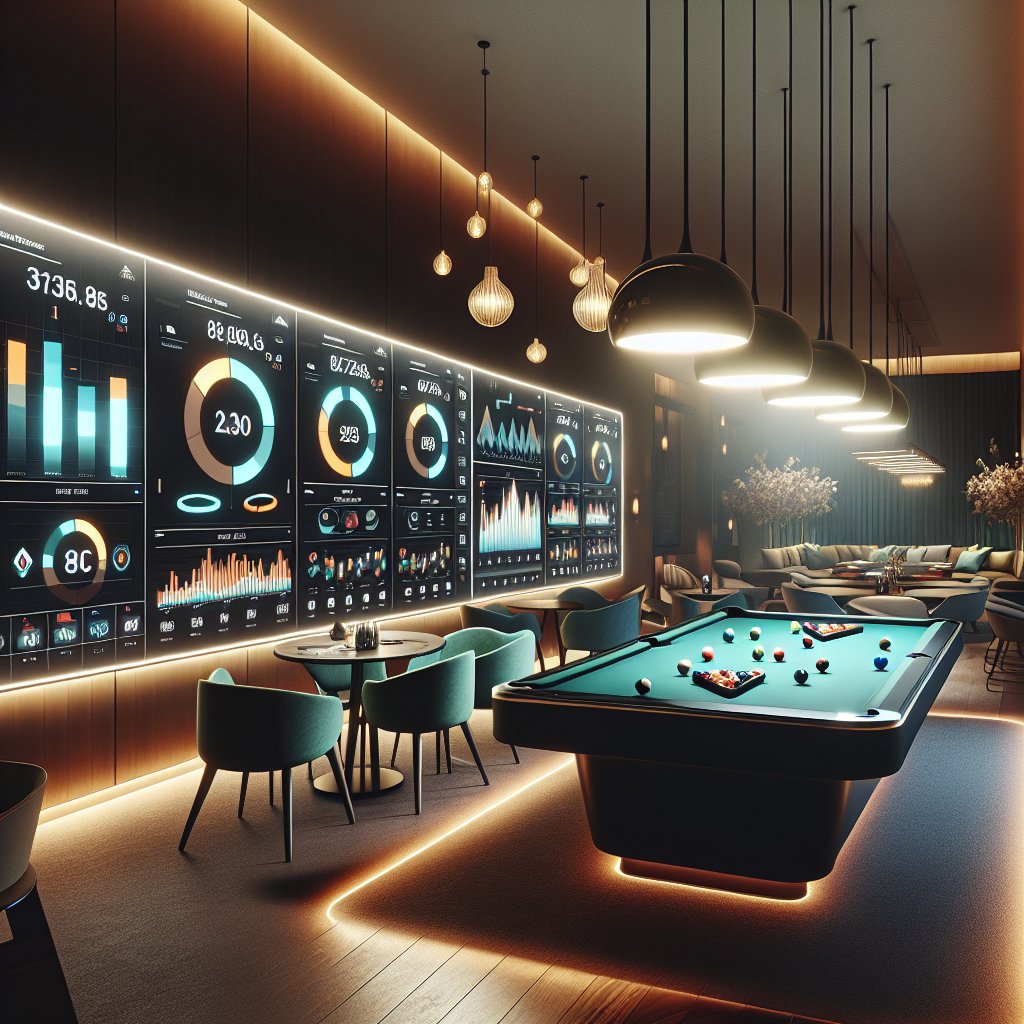 Billiards club interior with pool table in focus, surrounded by soft ambient lighting and contemporary decor