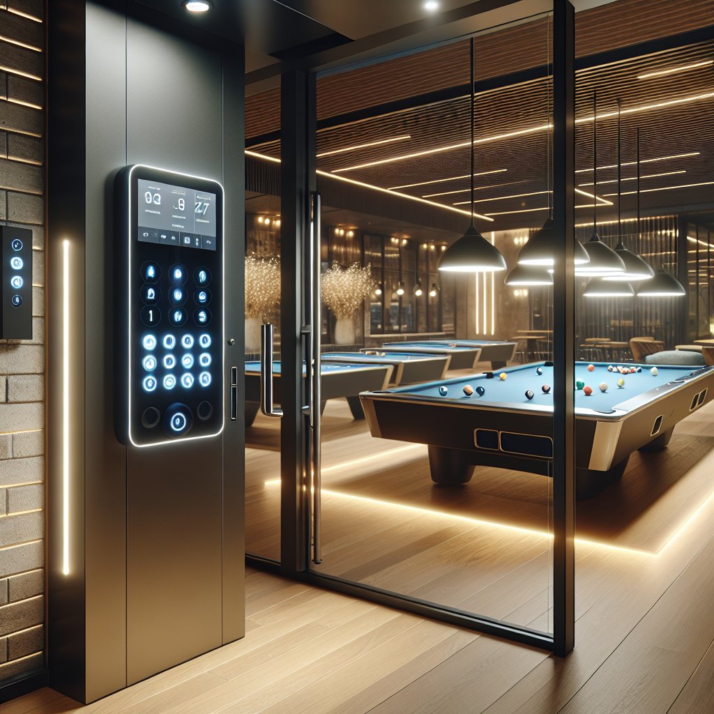 Billiards hall interior with access control technology visible on glass doors and entry points, featuring contemporary