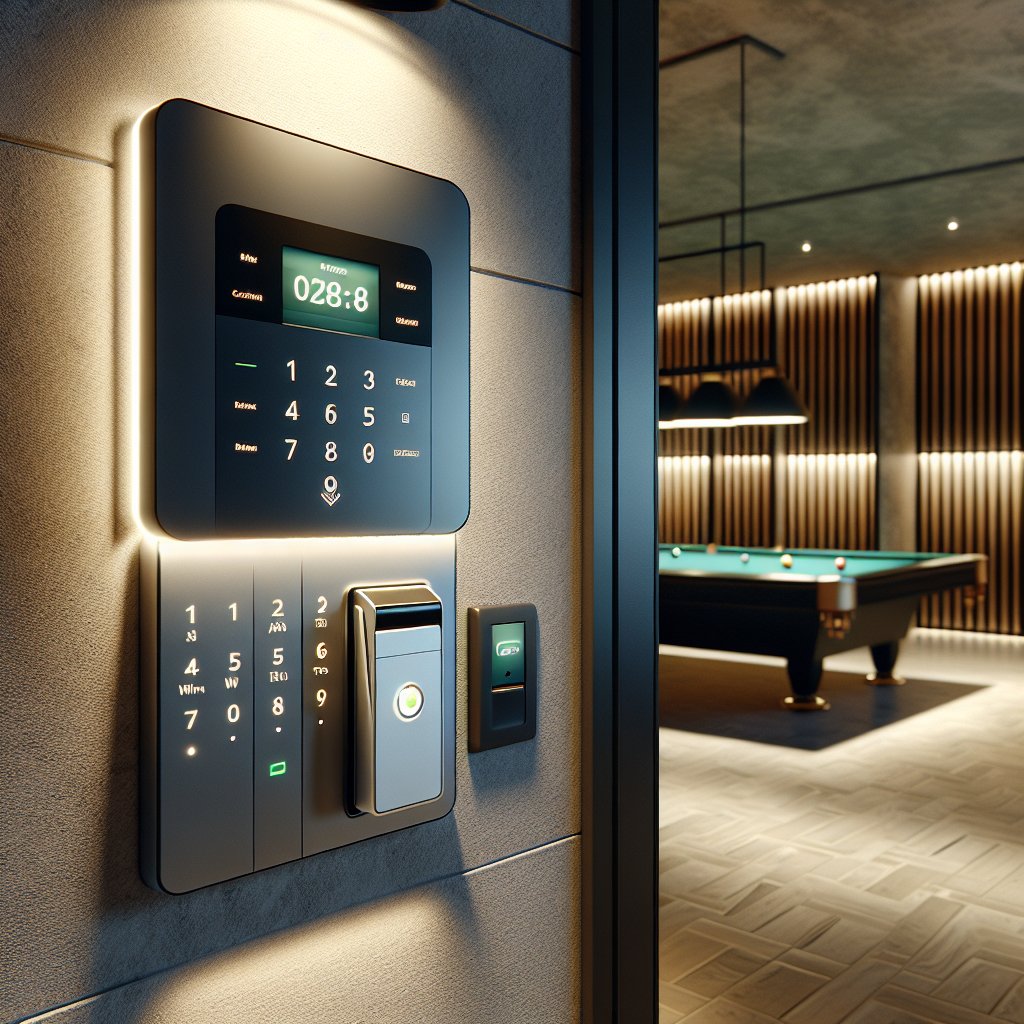 Billiard hall entrance with access control technology, featuring a digital keypad and card reader mounted on