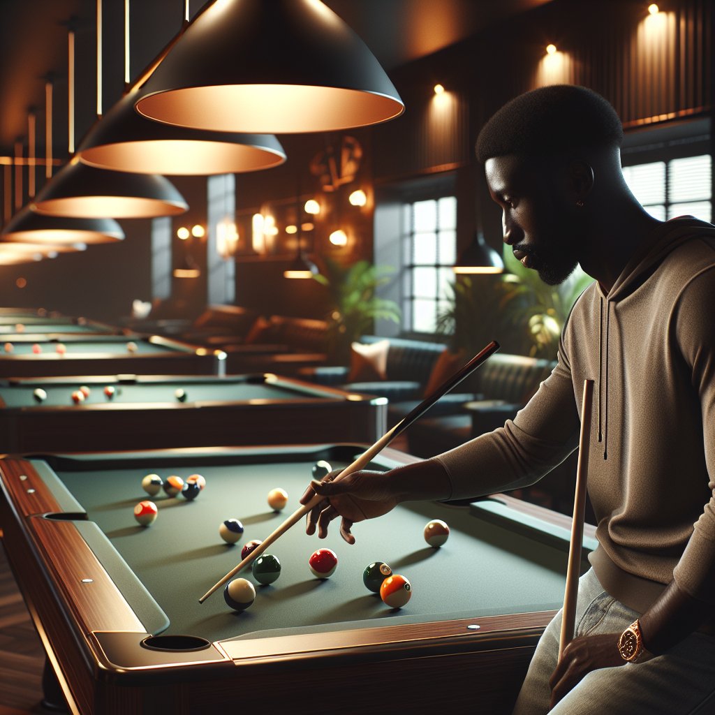 Photograph of billiards establishment interior with pool tables, warm ambient lighting reflecting off polished wood
