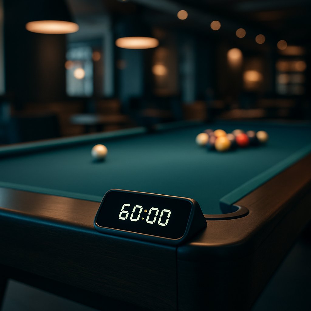 Billiards lounge with an pool table in sharp focus, displaying digital timer interface glowing softly on the table