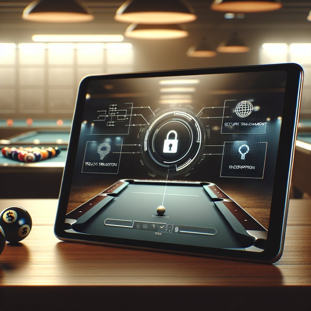 Photograph of billiards establishment's management interface displayed on tablet or computer screen, showing secure